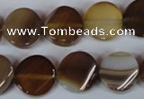 CAG3151 15.5 inches 14mm twisted coin brown line agate beads