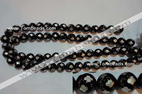 CAG3354 15.5 inches 12mm carved round black agate beads wholesale