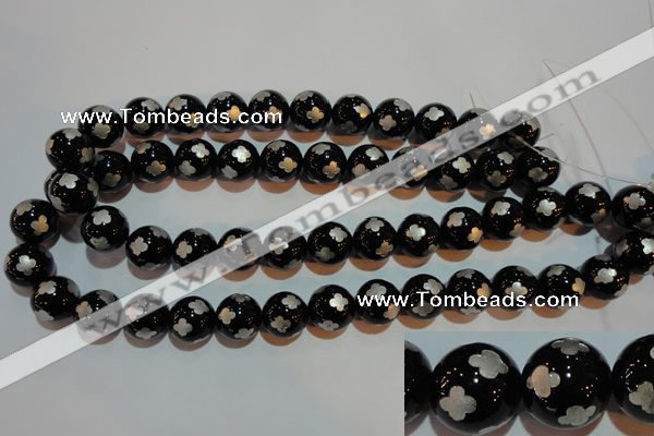 CAG3355 15.5 inches 14mm carved round black agate beads wholesale