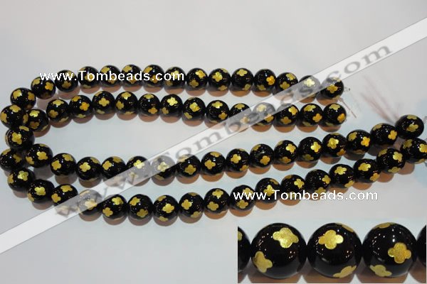 CAG3364 15.5 inches 12mm carved round black agate beads wholesale