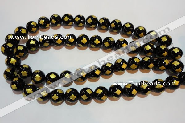 CAG3365 15.5 inches 14mm carved round black agate beads wholesale