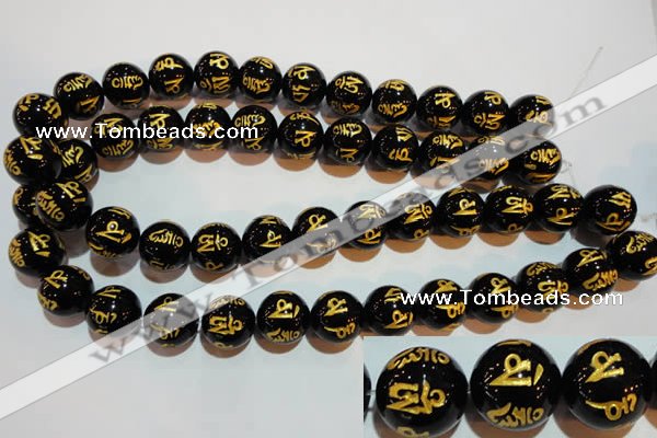CAG3376 15.5 inches 16mm carved round black agate beads wholesale