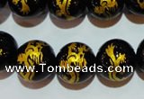 CAG3382 15.5 inches 14mm carved round black agate beads wholesale