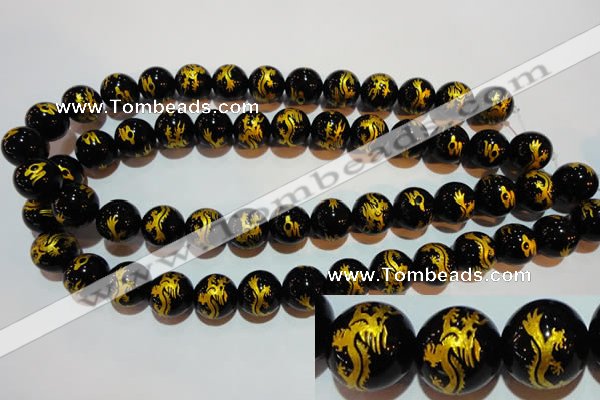 CAG3382 15.5 inches 14mm carved round black agate beads wholesale