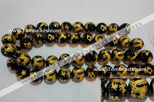 CAG3384 15.5 inches 18mm carved round black agate beads wholesale