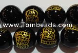 CAG3386 15.5 inches 12mm carved round black agate beads wholesale