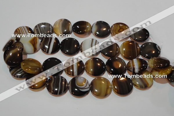 CAG3506 15.5 inches 25mm flat round brown line agate beads