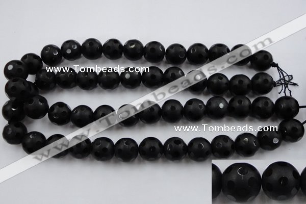 CAG3674 15.5 inches 14mm carved round matte black agate beads