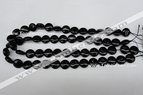 CAG4012 15.5 inches 14mm flat round black agate beads