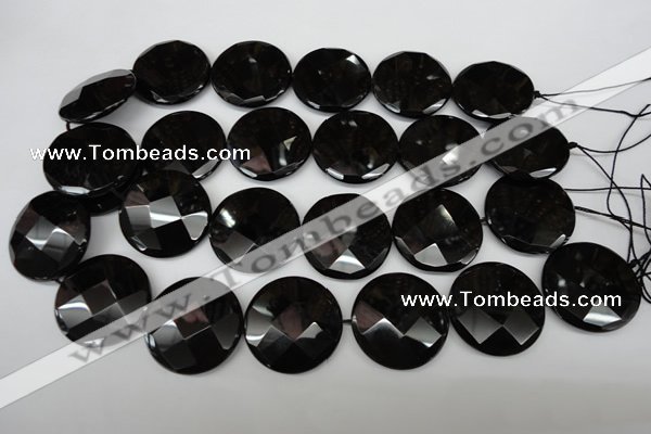 CAG4025 15.5 inches 30mm faceted coin black agate beads