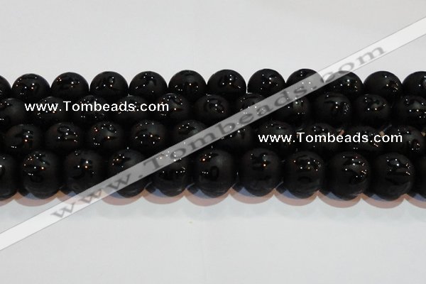 CAG6006 15.5 inches 16mm carved round matte black agate beads
