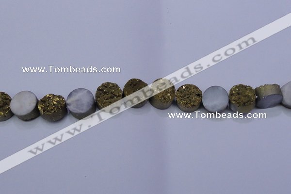 CAG7931 7.5 inches 12mm flat round plated white druzy agate beads