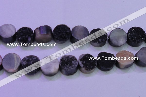 CAG8407 7.5 inches 30mm coin black plated druzy agate beads