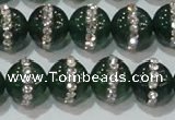 CAG8622 15.5 inches 12mm round green agate with rhinestone beads