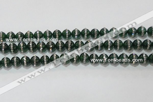 CAG8623 15.5 inches 14mm round green agate with rhinestone beads