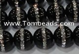 CAG8633 15.5 inches 14mm round black agate with rhinestone beads