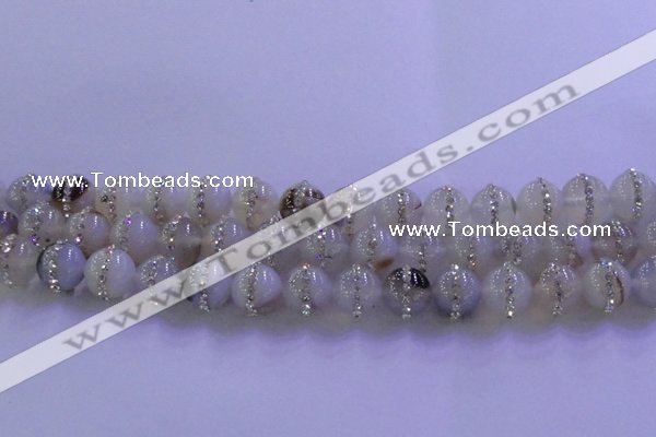 CAG8776 15.5 inches 8mm round agate with rhinestone beads
