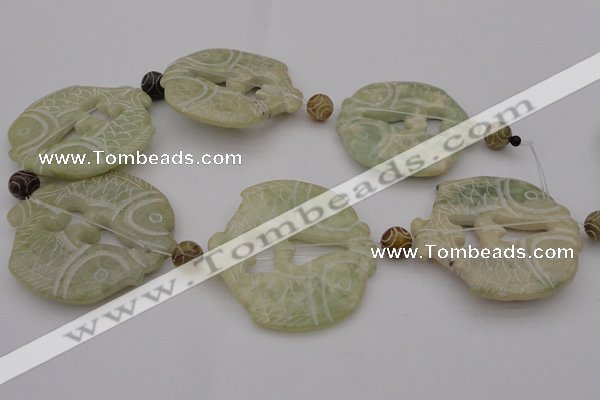 CAL28 14.5 inches 54*56mm carved fish agalmatolite beads