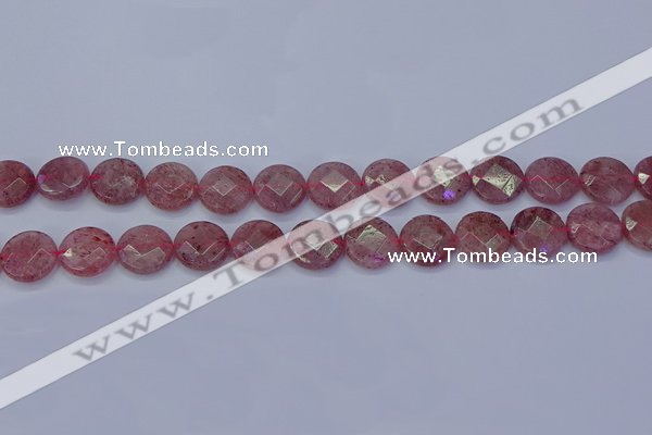 CBQ460 15.5 inches 12mm faceted coin strawberry quartz beads