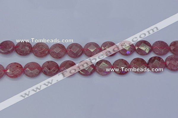 CBQ461 15.5 inches 14mm faceted coin strawberry quartz beads