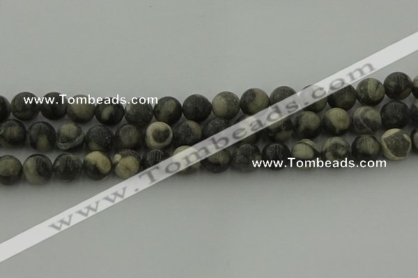 CBW164 15.5 inches 12mm round matte black fossil jasper beads