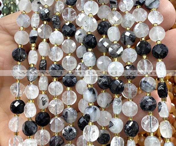 CCB1707 15 inches 6mm faceted coin black rutilated quartz beads