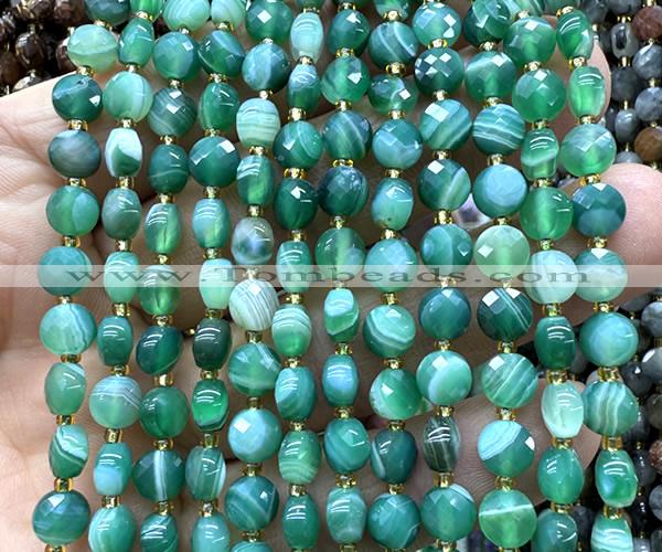 CCB1735 15 inches 6mm faceted coin green banded agate beads