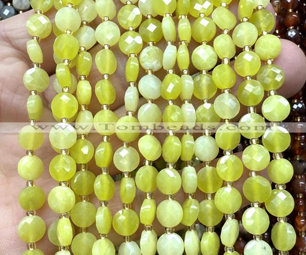 CCB1770 15 inches 6mm faceted coin lemon jade beads