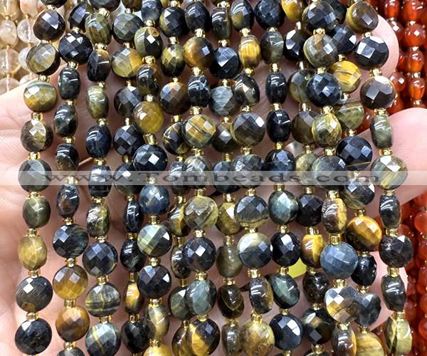 CCB1853 15 inches 6mm faceted coin yellow & blue tiger eye beads