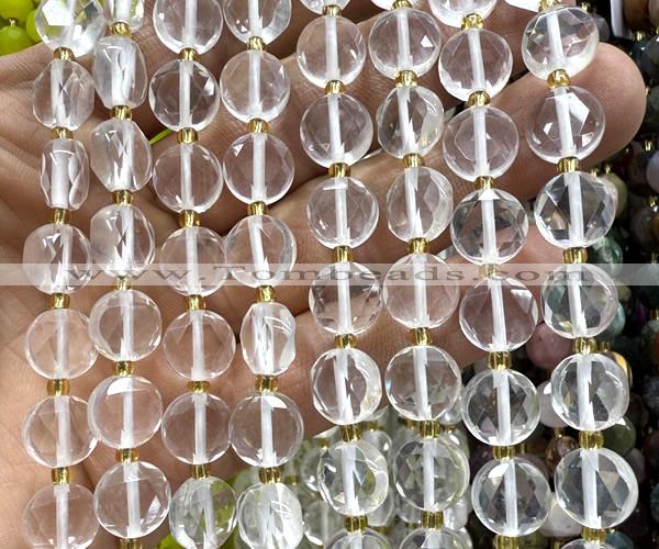 CCB2080 15 inches 10mm faceted coin white crystal beads