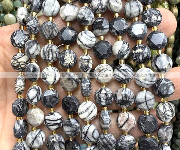 CCB2162 15 inches 10mm faceted coin black water jasper beads