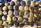 CCB2279 15 inches 15mm flat round matte yellow tiger eye beads