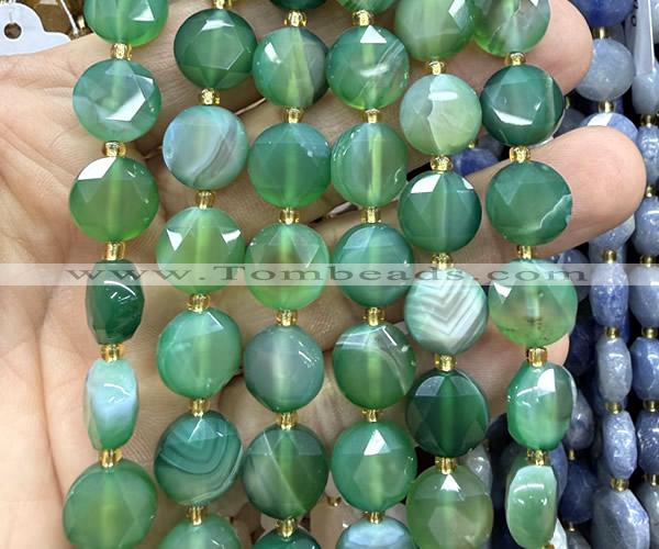 CCB2322 15 inches 12mm faceted coin green banded agate beads
