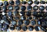 CCB2324 15 inches 12mm faceted coin black banded agate beads