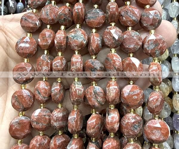 CCB2348 15 inches 12mm faceted coin red sesame jasper beads
