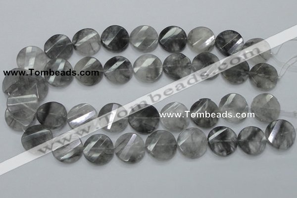 CCQ143 15.5 inches 20mm faceted & twisted coin cloudy quartz beads