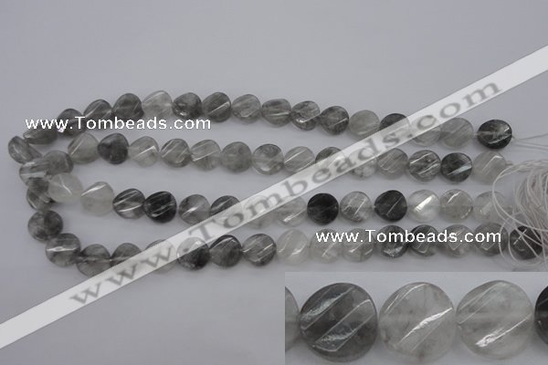 CCQ272 15.5 inches 12mm faceted & twisted coin cloudy quartz beads