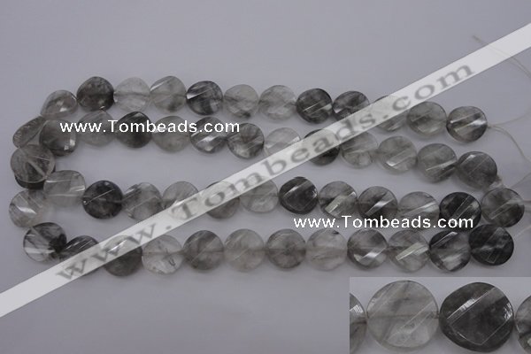 CCQ273 15.5 inches 15mm faceted & twisted coin cloudy quartz beads