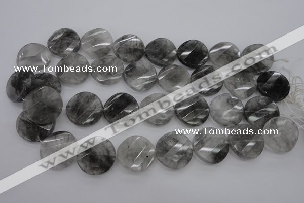 CCQ275 15.5 inches 25mm faceted & twisted coin cloudy quartz beads