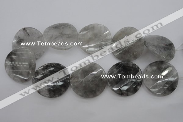 CCQ277 15.5 inches 40mm faceted & twisted coin cloudy quartz beads