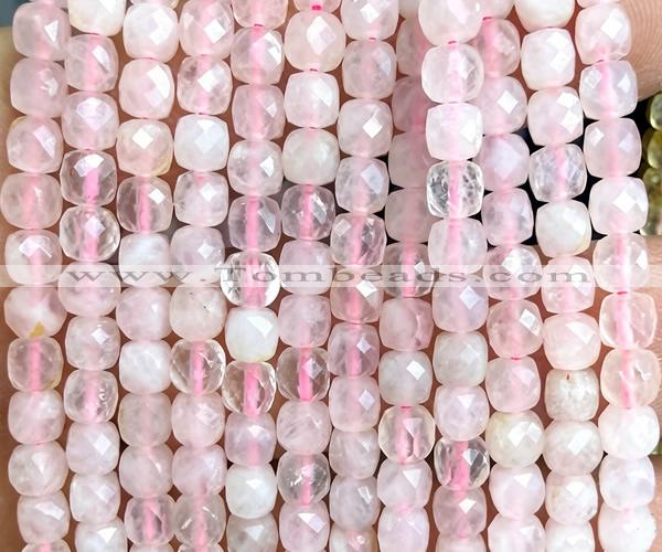 CCU1806 15 inches 4mm faceted cube rose quartz beads