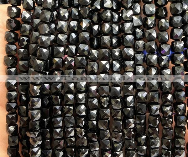 CCU1848 15 inches 4mm faceted cube black tourmaline beads