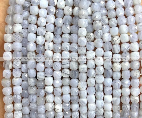 CCU1885 15 inches 4mm faceted cube blue lace agate beads