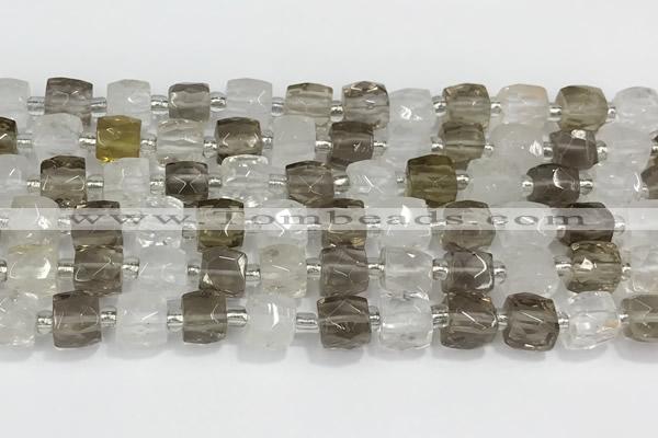 CCU751 15 inches 8*8mm faceted cube white crystal & smoky quartz beads