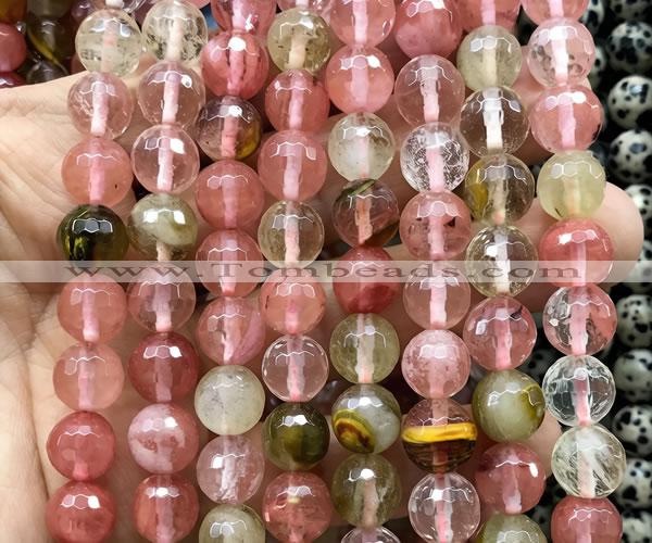 CCY696 15 inches 12mm faceted round volcano cherry quartz beads
