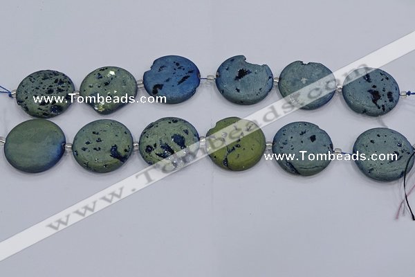 CDQ679 8 inches 30mm flat round druzy quartz beads wholesale