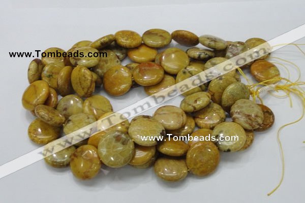 CFA44 15.5 inches 25mm flat round yellow chrysanthemum agate beads