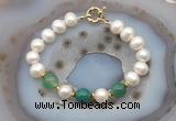 CFB1040 Hand-knotted 9mm - 10mm potato white freshwater pearl & green banded agate bracelet