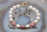 CFB1045 Hand-knotted 9mm - 10mm potato white freshwater pearl & pink wooden jasper bracelet