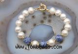 CFB1063 Hand-knotted 9mm - 10mm potato white freshwater pearl & blue spot stone bracelet